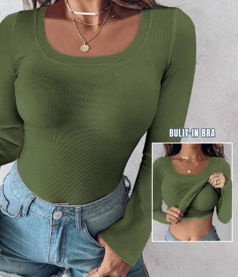 🎁Last Day Promotion 49% Off🔥U-Neck Built-in Bra Long Sleeve Ribbed Top