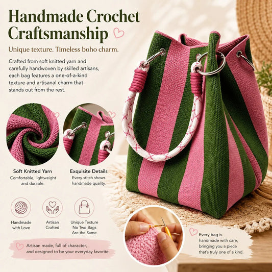 🏆👜 Limited-Time Sale: 50% OFF 🌴 Boho Striped Knit Bucket Handbag for Women – Handmade Summer Beach Shoulder Bag