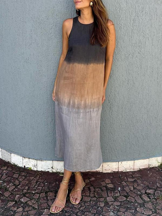 Casual cotton and linen slit gradient tie-dye long dress(buy 2 free shipping)