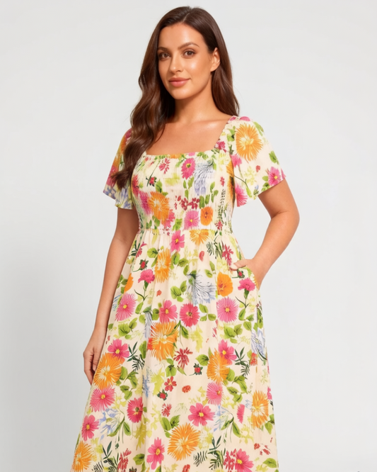 ⏰Summer Hot Sale 70% OFF💃Floral Smocked Square Neck Midi Dress with Pockets