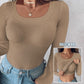 ⏰Last Day 50% OFF🍂Womens U-Neck Built-in Bra Long Sleeve Ribbed Top