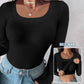 ⏰Last Day 50% OFF🍂Womens U-Neck Built-in Bra Long Sleeve Ribbed Top