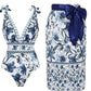 🏖️Summer Carnival Special Sale 49% OFF🩱V Neck Lace Up Printed One Piece Swimsuit and Skirt