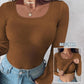 ⏰Last Day 50% OFF🍂Womens U-Neck Built-in Bra Long Sleeve Ribbed Top