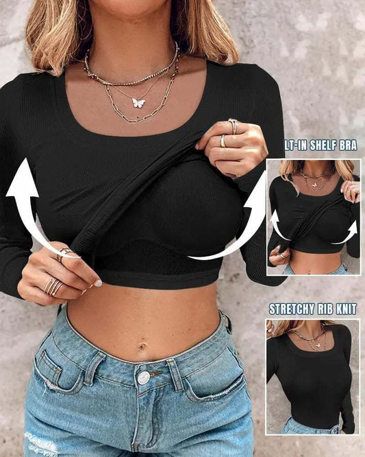 ⏰Last Day 50% OFF🍂Womens U-Neck Built-in Bra Long Sleeve Ribbed Top