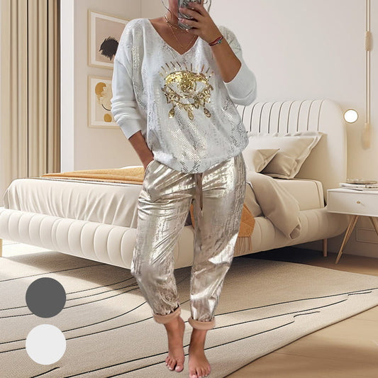 🌷LAST DAY SALE 49% OFF💝Devil's Eye Gold Foil Top and Sequin Pants Set