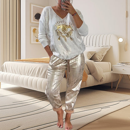 🌷LAST DAY SALE 49% OFF💝Devil's Eye Gold Foil Top and Sequin Pants Set