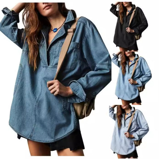 WOMEN'S DENIM V-NECK PULLOVER SHIRT