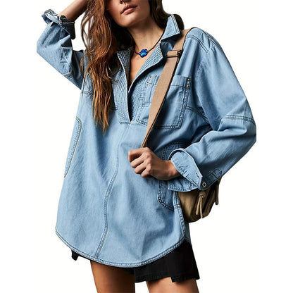 WOMEN'S DENIM V-NECK PULLOVER SHIRT