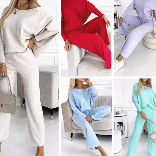 🌷Last Day Promotion 49% Off✨Women's Solid Color Drop Shoulder Pullover and Loose Pants Set