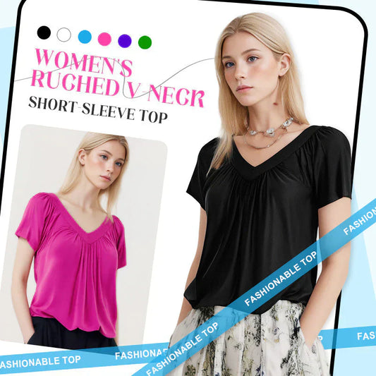 🔥Summer Hot Sale 50% OFF⏳Women's Casual Pleated V-Neck Short-Sleeve Top