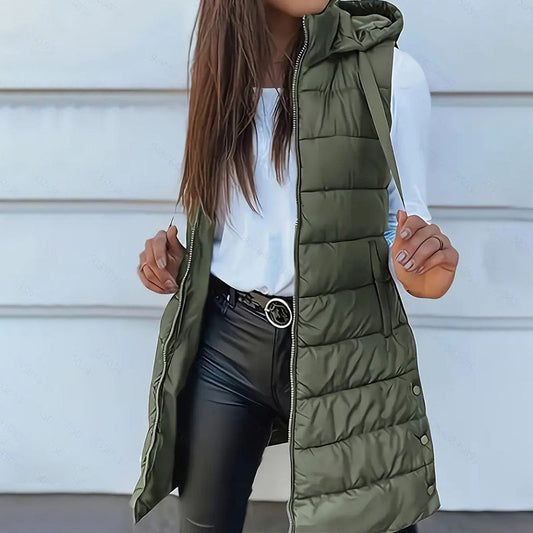 ❄️ Women Long Puffer Vest 👗 | Solid Color | Sleeveless | Hooded | Winter Wear 💕