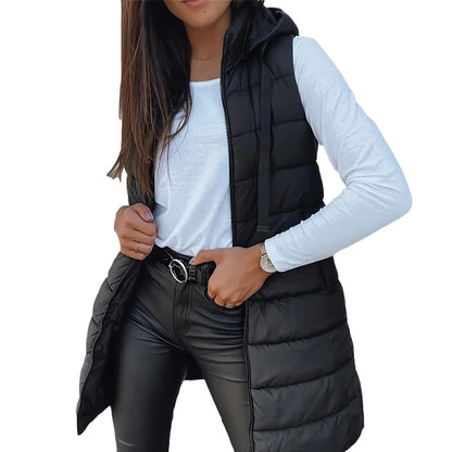 ❄️ Women Long Puffer Vest 👗 | Solid Color | Sleeveless | Hooded | Winter Wear 💕