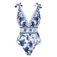 🏖️Summer Carnival Special Sale 49% OFF🩱V Neck Lace Up Printed One Piece Swimsuit and Skirt