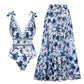 🏖️Summer Carnival Special Sale 49% OFF🩱V Neck Lace Up Printed One Piece Swimsuit and Skirt